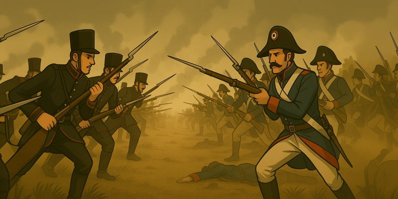 Szene aus dem Comic „1813“: Soldaten in schwarzen Uniformen stürmen mit aufgepflanzten Bajonetten auf französische Soldaten zu