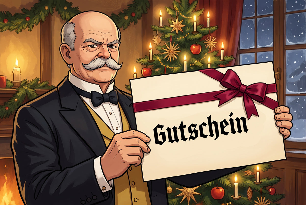 Otto von Bismarck im Comic-Stil hält einen Gutschein von Grimbart Studio vor einem Weihnachtsbaum