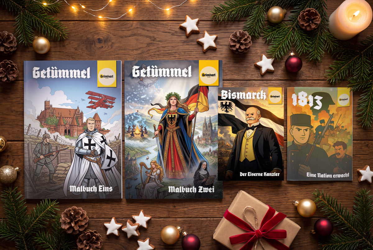 Weihnachtspaket von Grimbart Studio: Comic 1813, Comic Bismarck, Getümmel Malbuch Eins und Zwei auf einem weihnachtlich gedeckten Holztisch