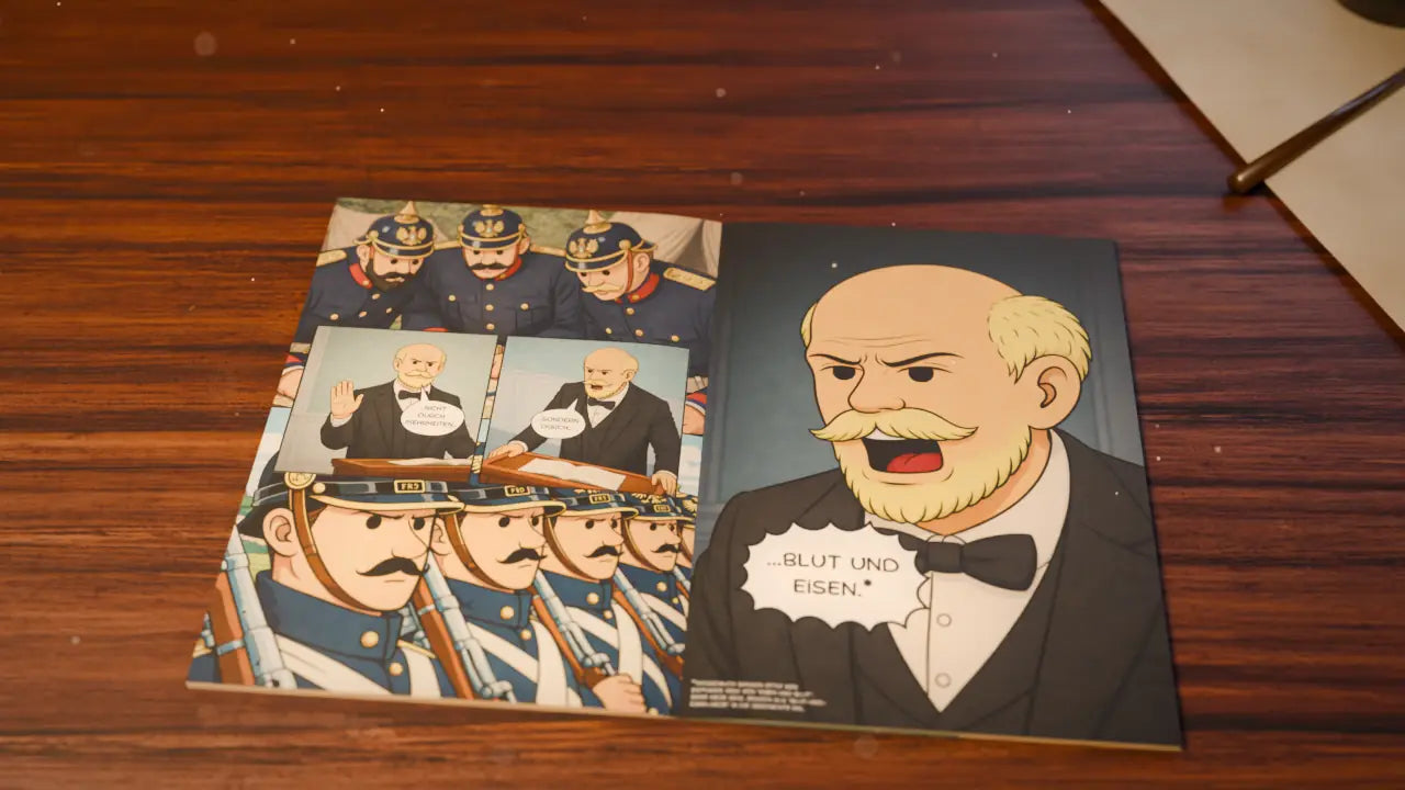 Der Comic „Bismarck – Der Eiserne Kanzler“ liegt aufgeschlagen auf einem alten Schreibtisch im Lampenlicht